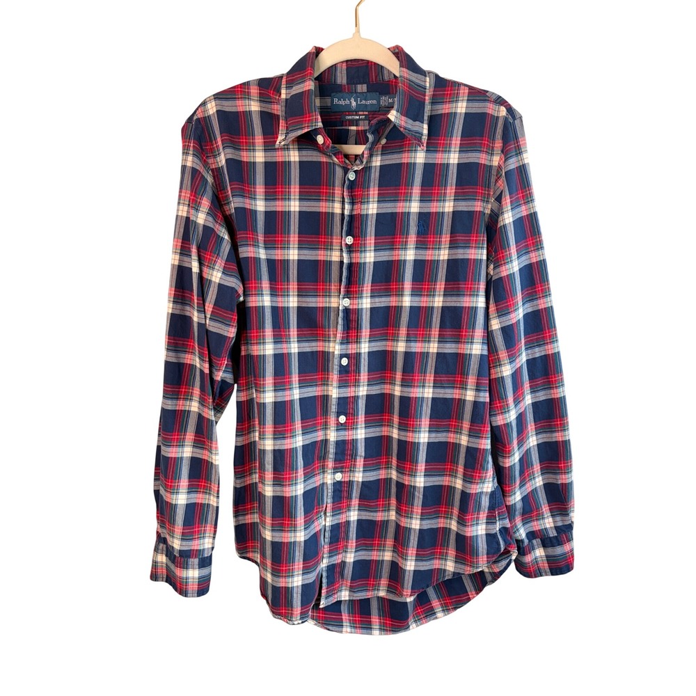 Ralph Lauren Button Down Shirt Men's Custom Fit Red Multicolor Plaid Size Medium